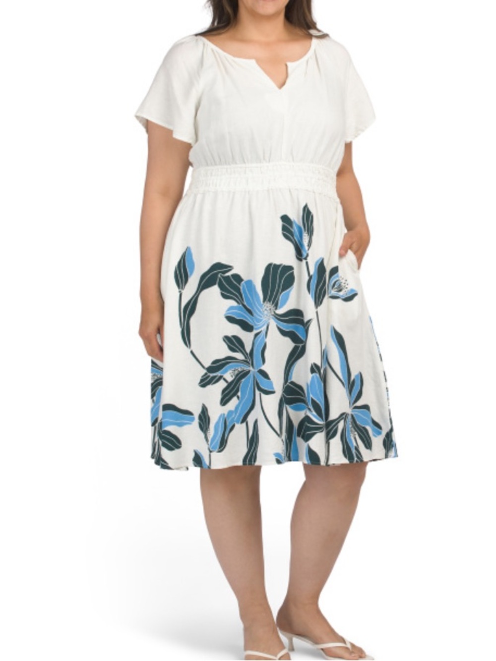 Rachel Zoe White Floral Midi Dress with Blue Leaf Print